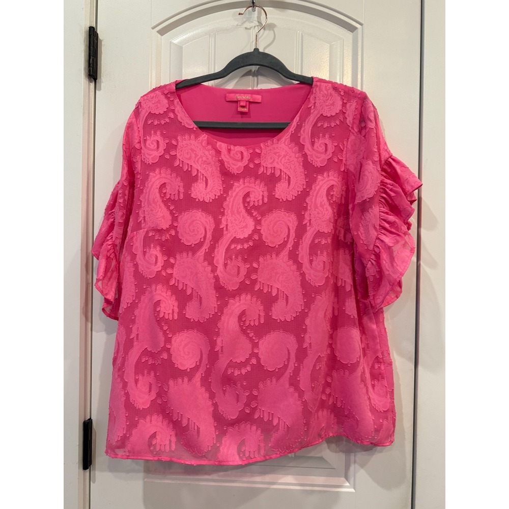 Lilly Pulitzer Darlah Top Sz L – Cockatoo Pink‎ Textured Paisley Ruffle Sleeve